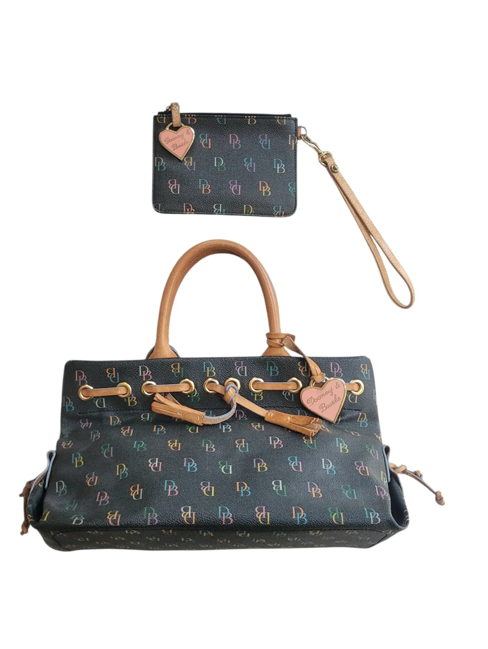 Dooney & Bourke Y2K Rainbow Monogram Satchel Coated Canvas Matching Wristlet - Picture 6 of 14